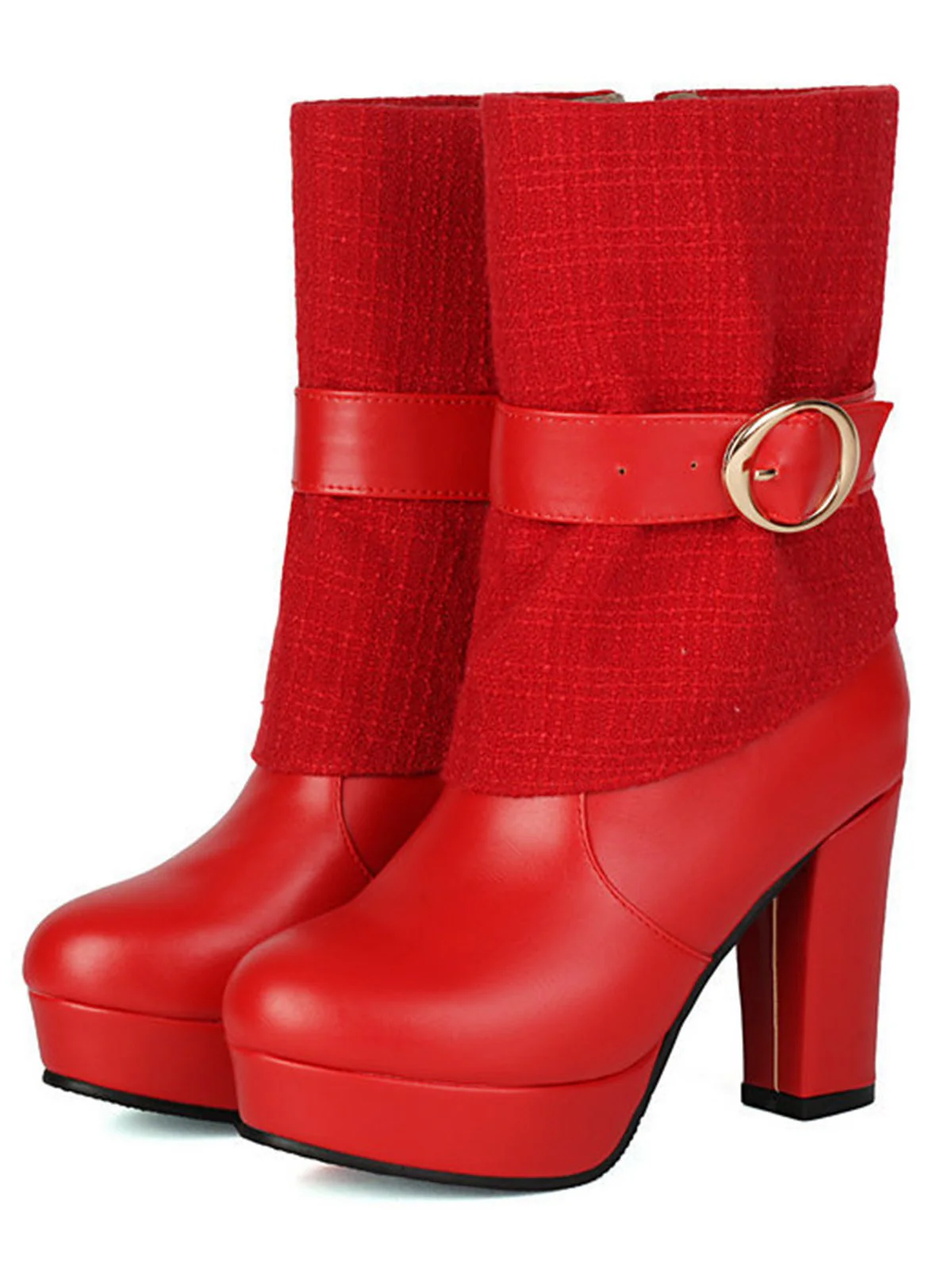 Solid PU Leather Ribbed Knit Patchwork High Heels - Image 8