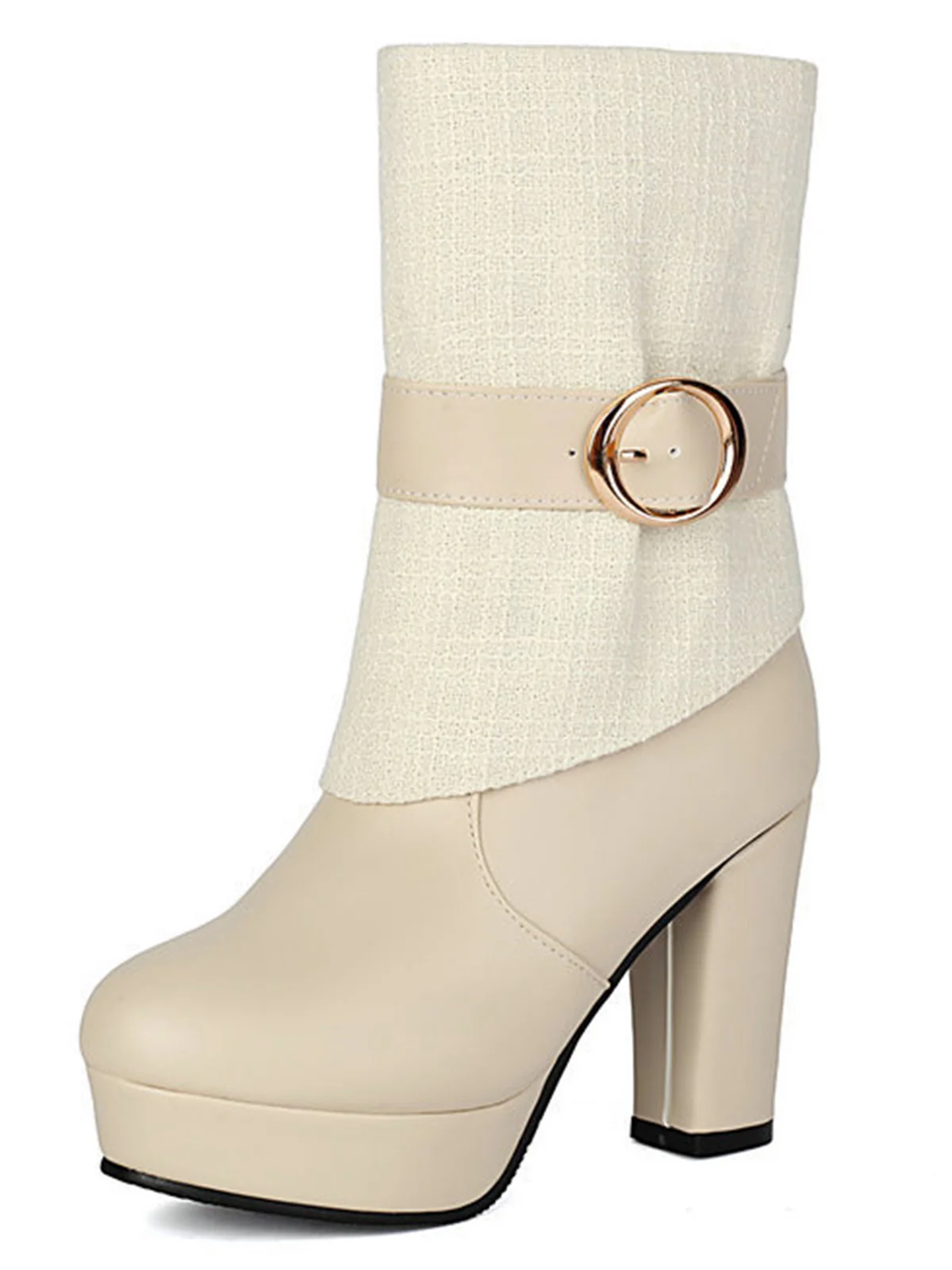 Solid PU Leather Ribbed Knit Patchwork High Heels - Image 9
