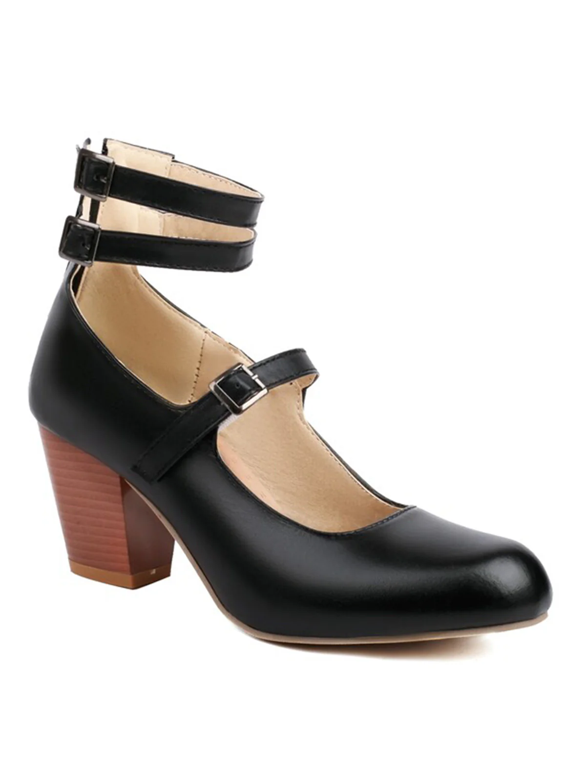 Solid Round Toe Chunky High Heels - Image 3