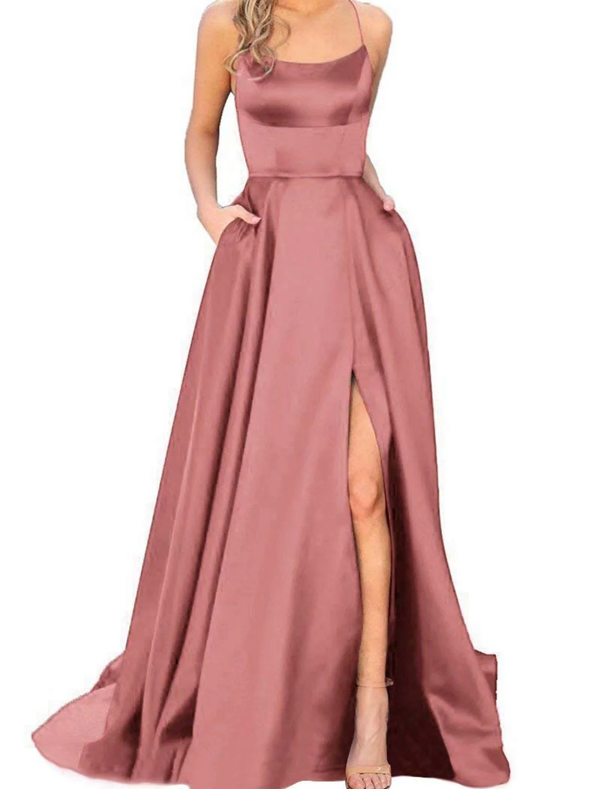 1930s Solid Strap Long Slit Maxi Dress - Image 2