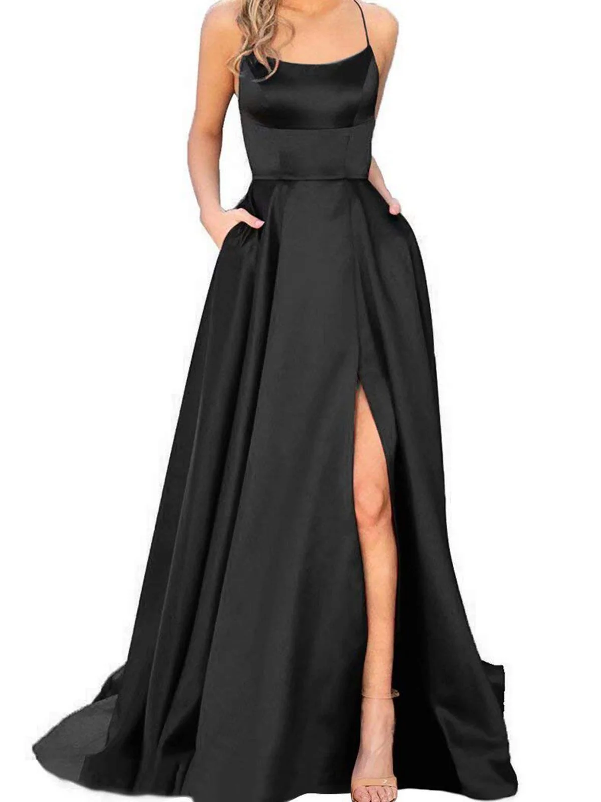 1930s Solid Strap Long Slit Maxi Dress - Image 3