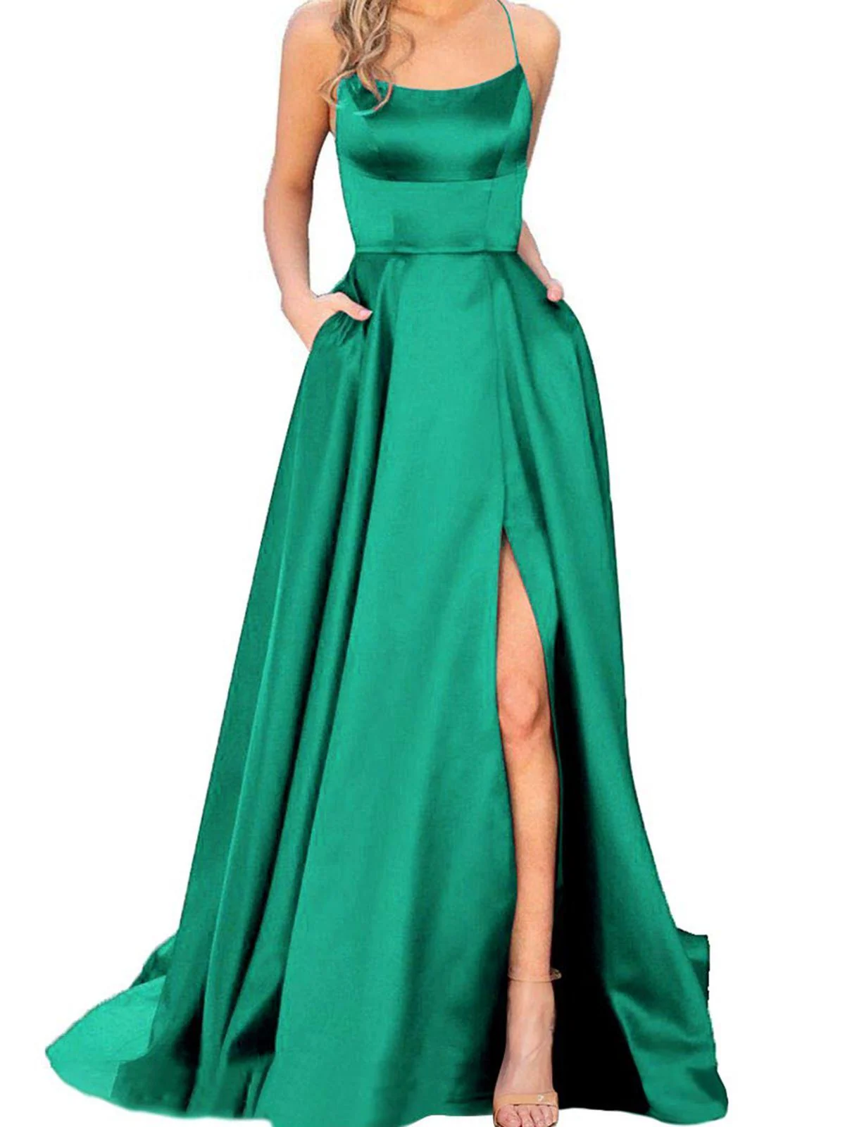 1930s Solid Strap Long Slit Maxi Dress - Image 4