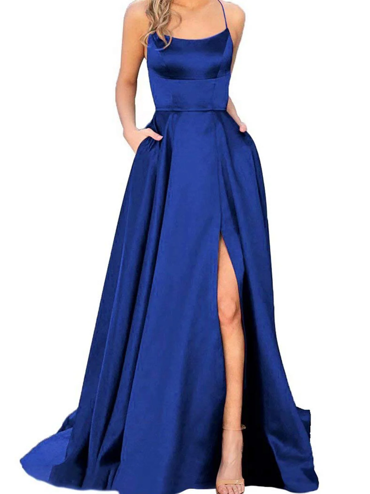 1930s Solid Strap Long Slit Maxi Dress - Image 5