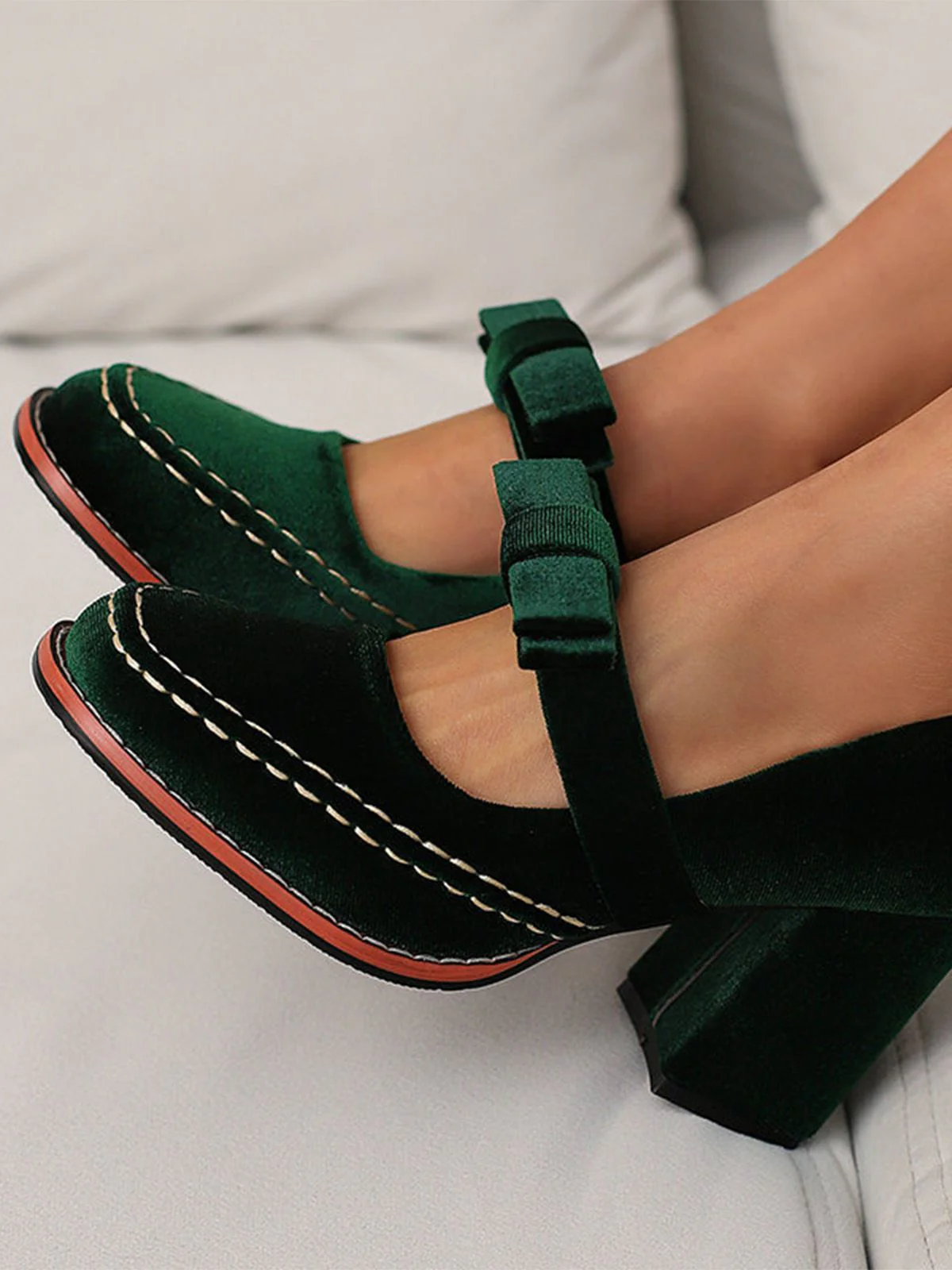 Solid Suede Mary Jane Bow Detail Pumps - Image 3