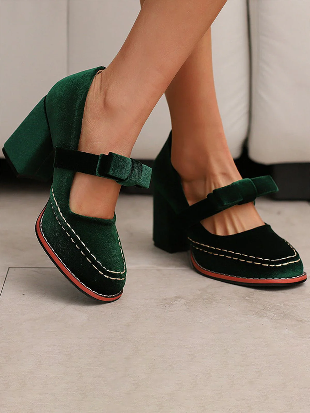 Solid Suede Mary Jane Bow Detail Pumps - Image 4