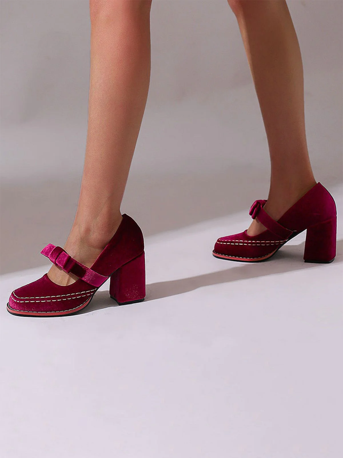 Solid Suede Mary Jane Bow Detail Pumps - Image 8