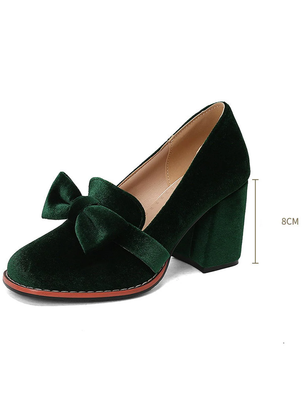 Solid Velvet Bow Detail Block Heel Shoes - Image 2