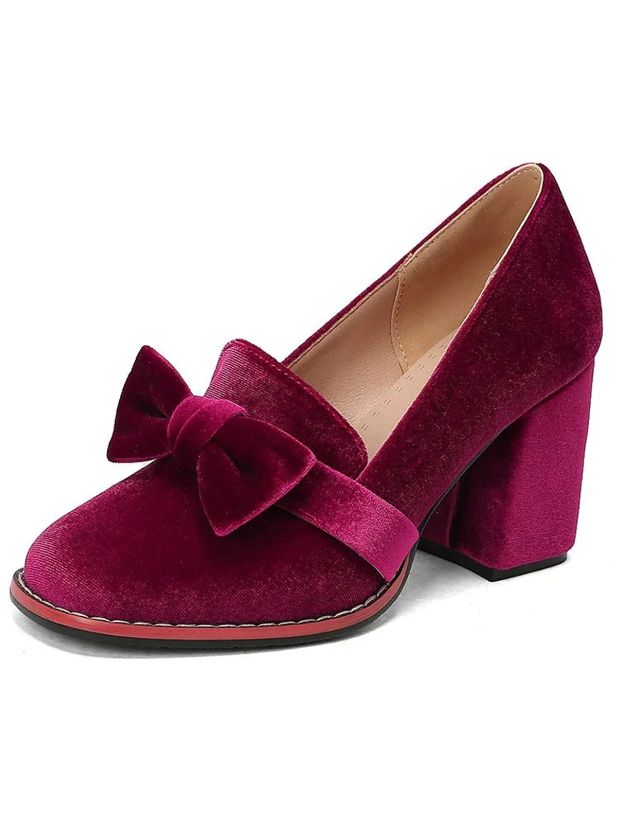 Solid Velvet Bow Detail Block Heel Shoes - Image 4