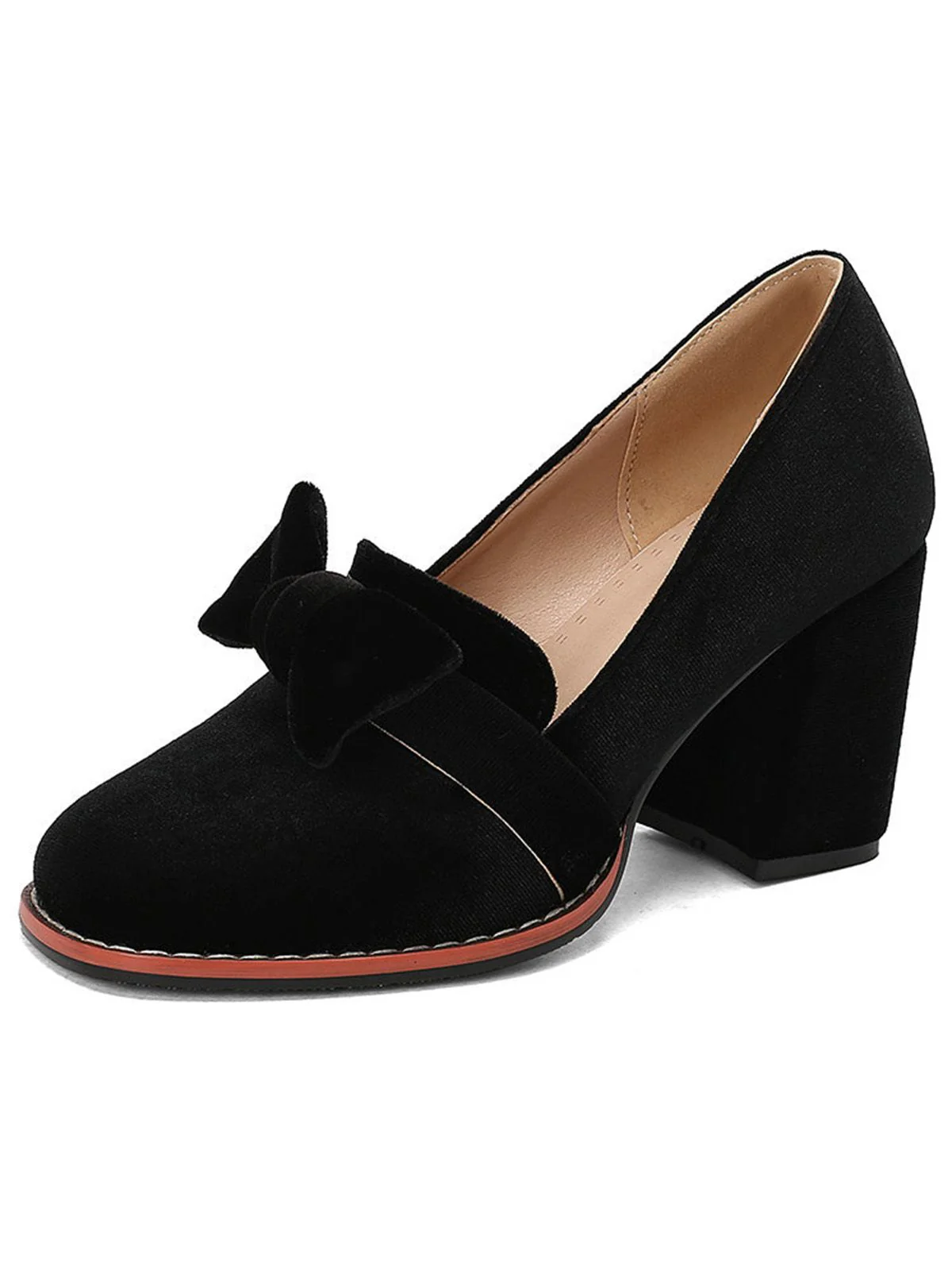 Solid Velvet Bow Detail Block Heel Shoes - Image 5