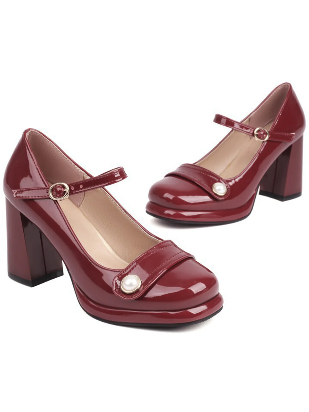 Square Toe PU Leather Pearl Chunky Heels - Image 2