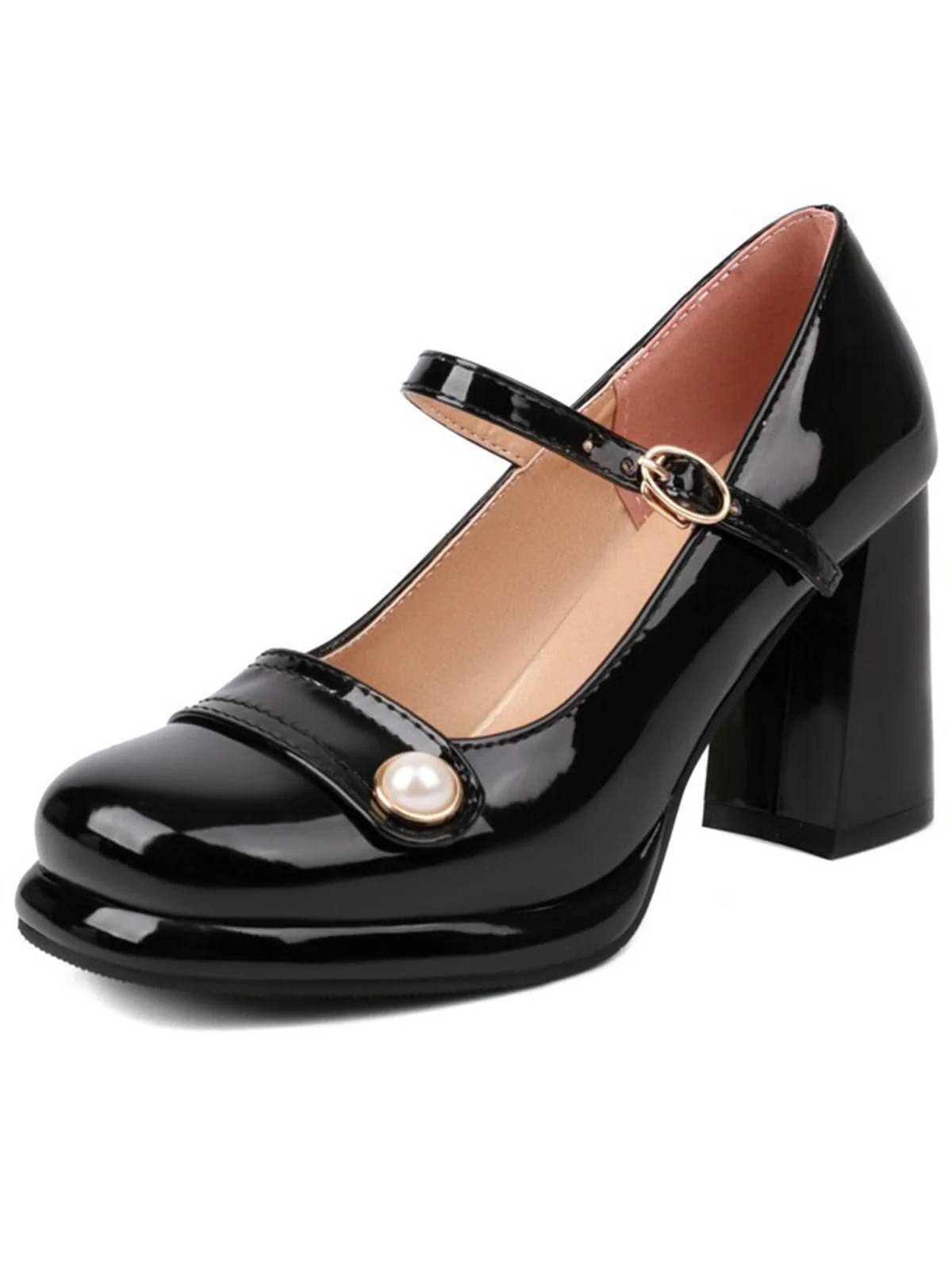 Square Toe PU Leather Pearl Chunky Heels - Image 4