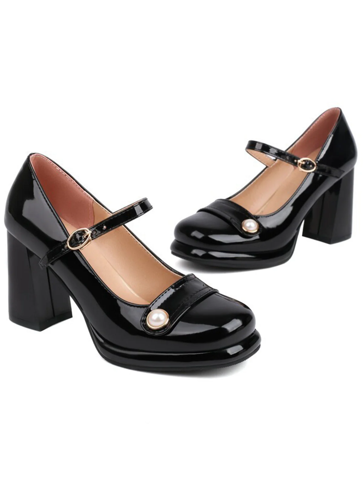 Square Toe PU Leather Pearl Chunky Heels - Image 5