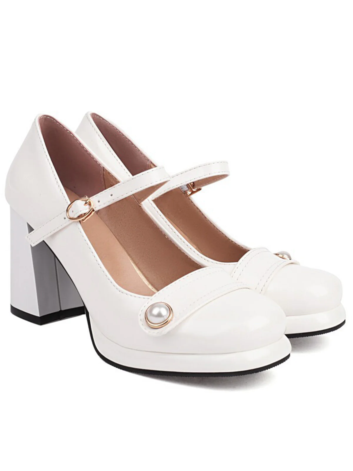 Square Toe PU Leather Pearl Chunky Heels - Image 8
