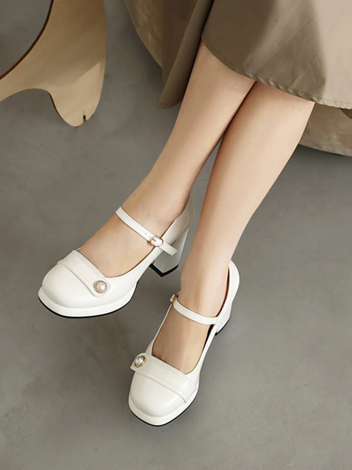 Square Toe PU Leather Pearl Chunky Heels - Image 9