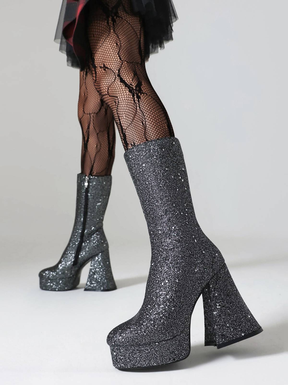 Square Toe Sequined Chunky Heel Mid-Calf Boots - Image 10