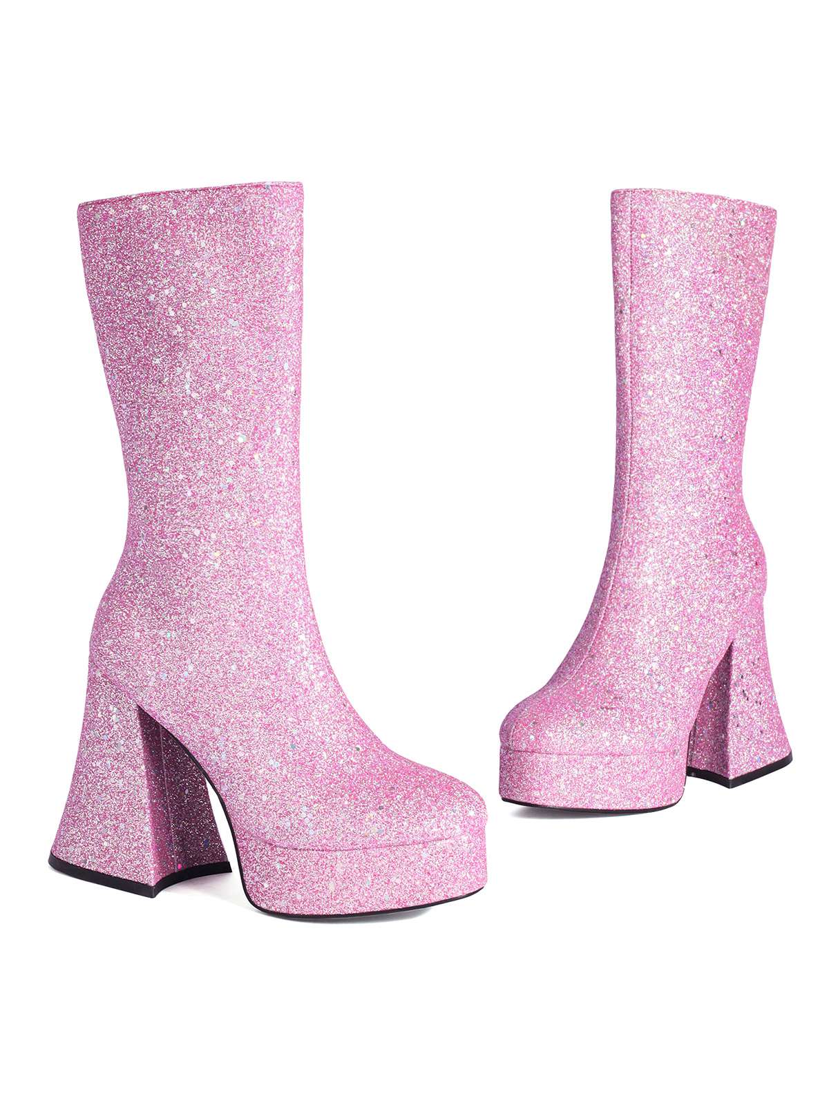 Square Toe Sequined Chunky Heel Mid-Calf Boots - Image 11