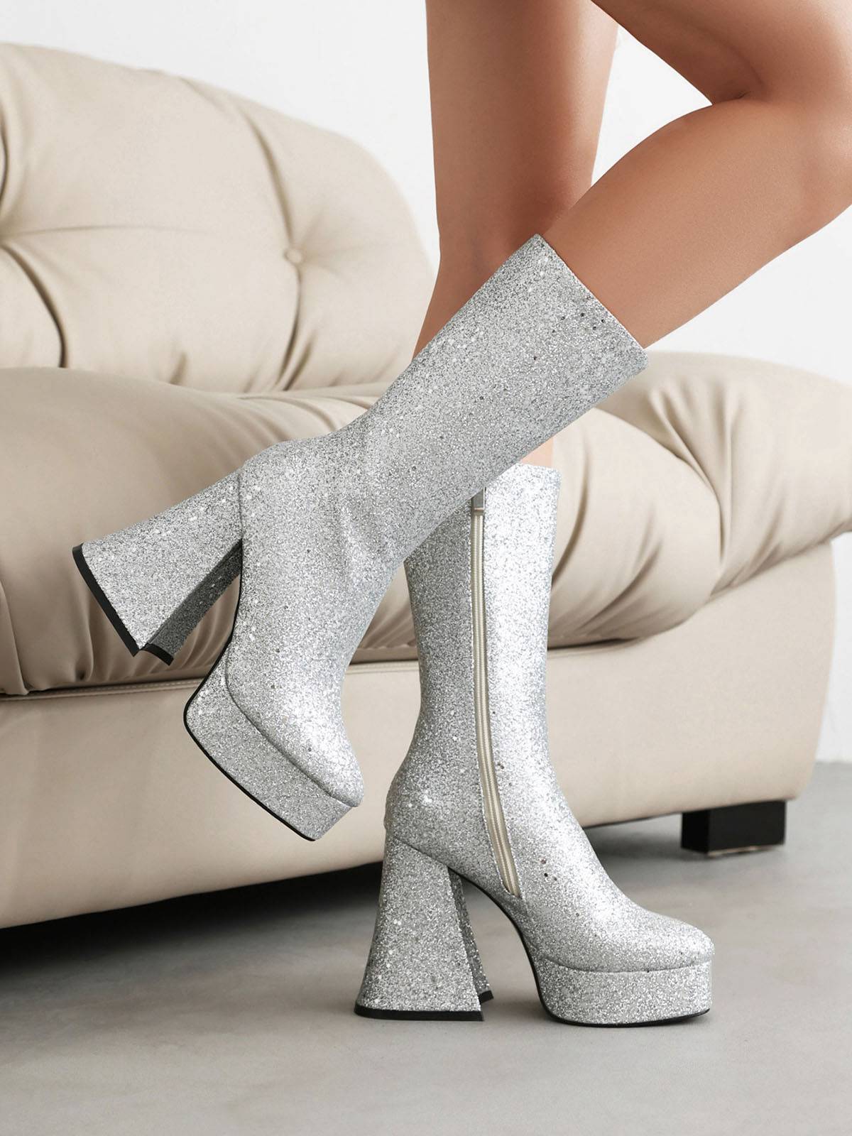 Square Toe Sequined Chunky Heel Mid-Calf Boots - Image 3