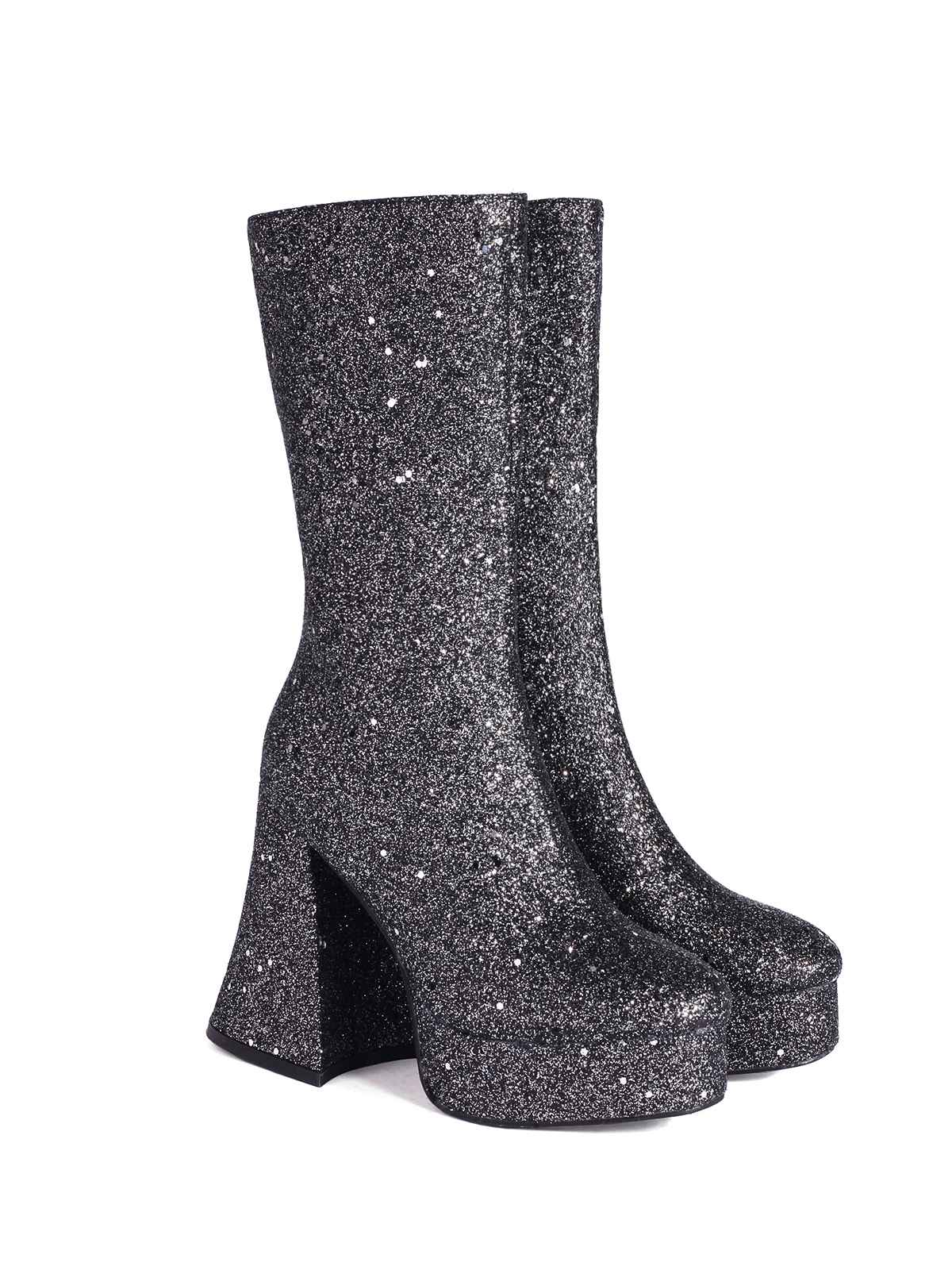 Square Toe Sequined Chunky Heel Mid-Calf Boots - Image 6