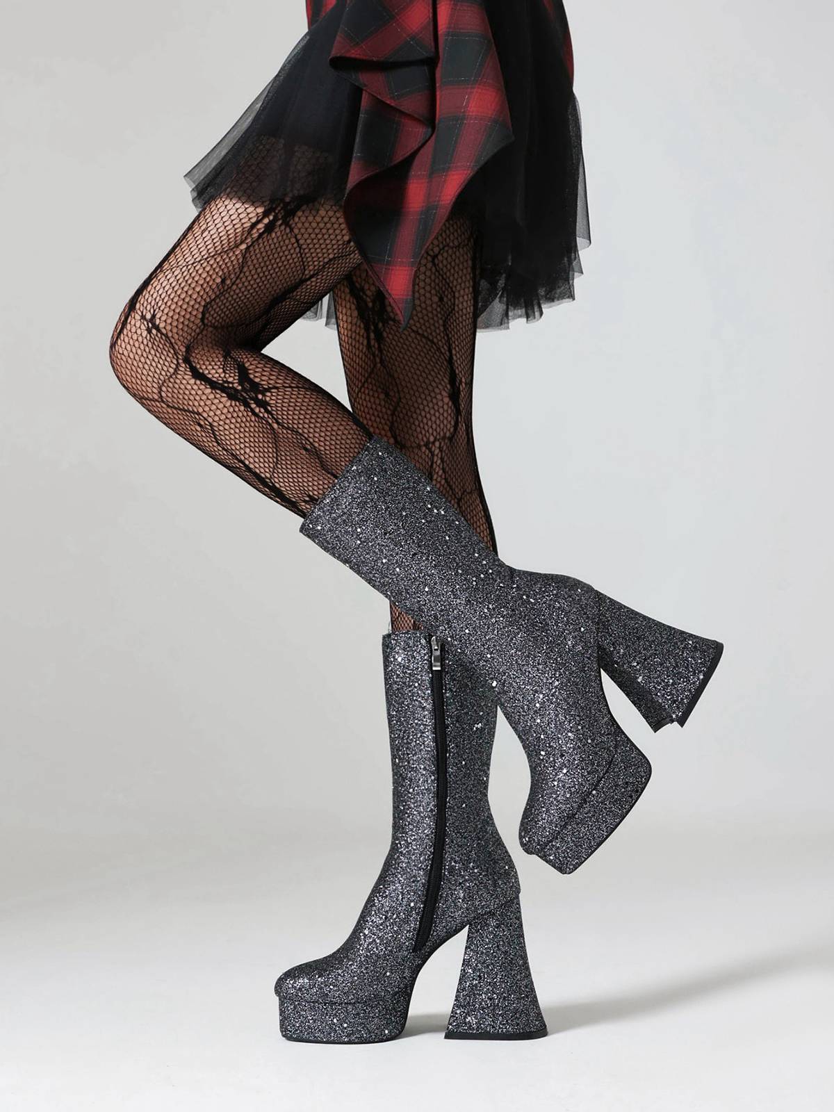 Square Toe Sequined Chunky Heel Mid-Calf Boots - Image 8