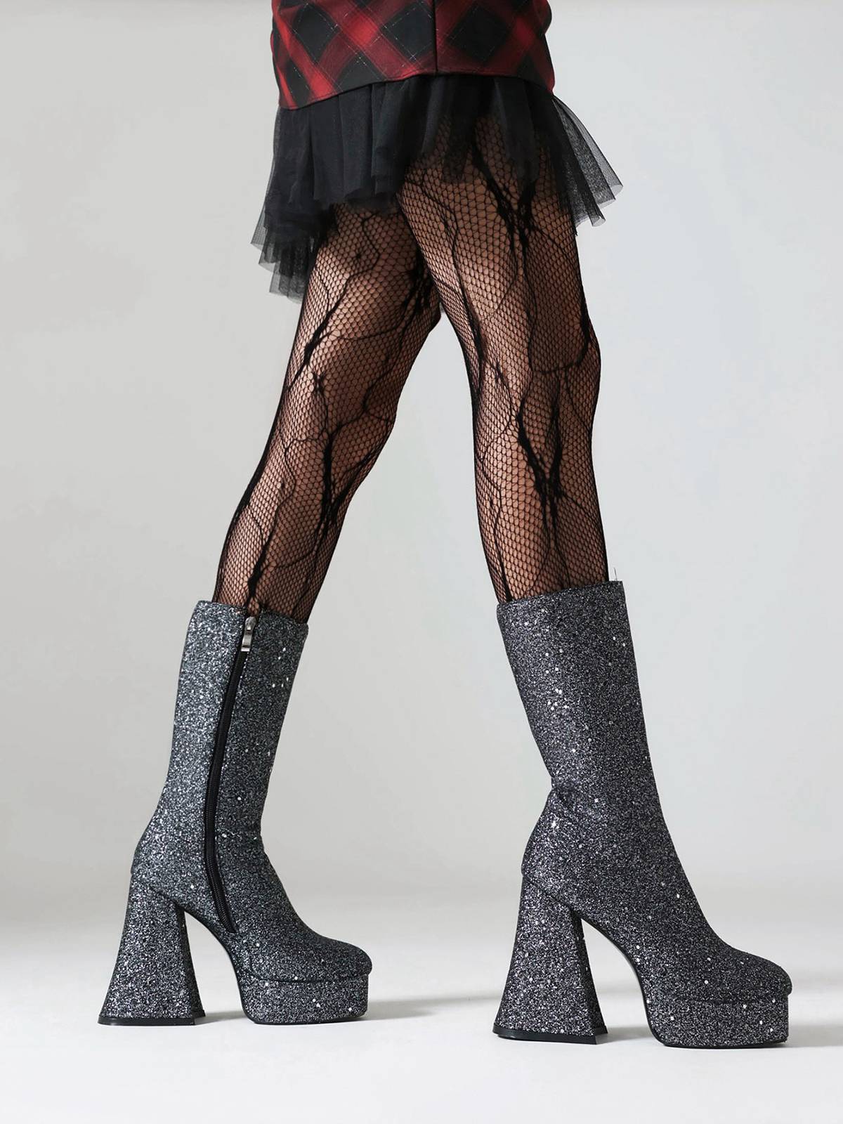 Square Toe Sequined Chunky Heel Mid-Calf Boots - Image 9