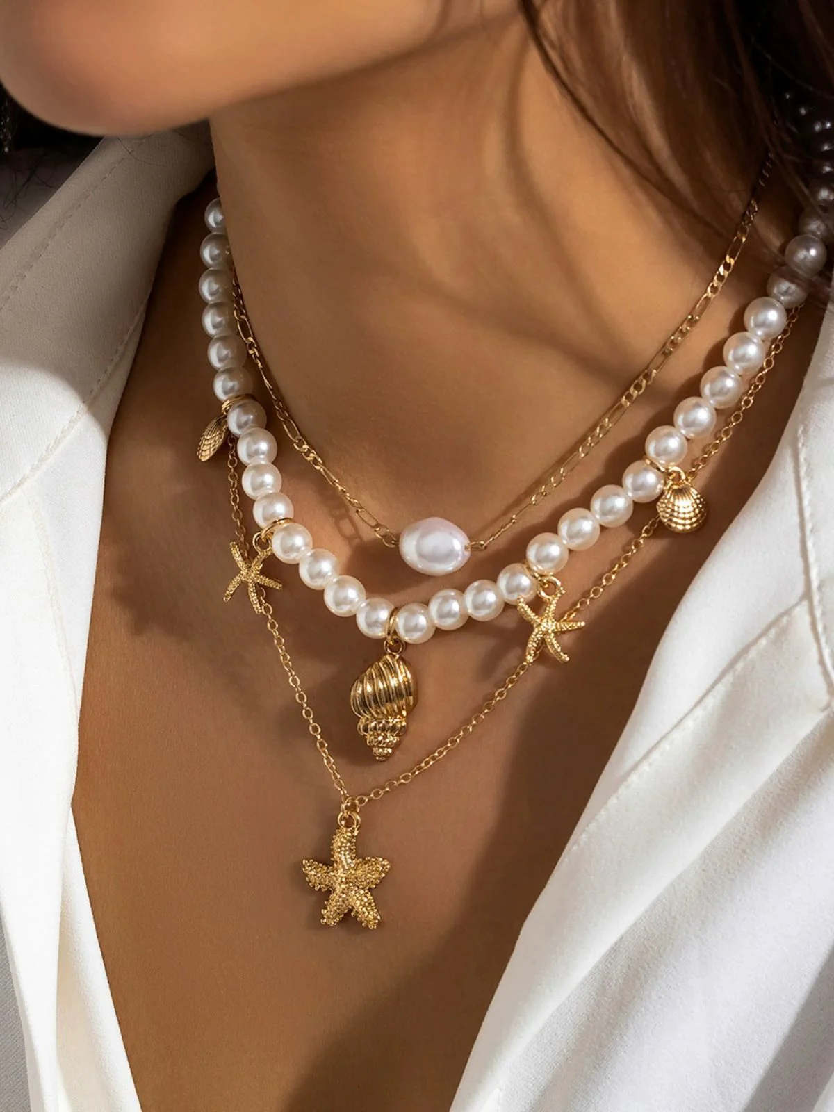 Starfish Seashell Pearl Layered Chain Necklace - Image 2