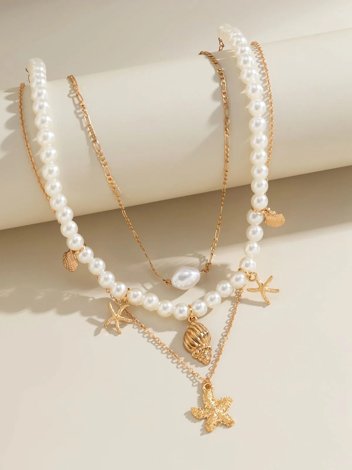 Starfish Seashell Pearl Layered Chain Necklace - Image 3