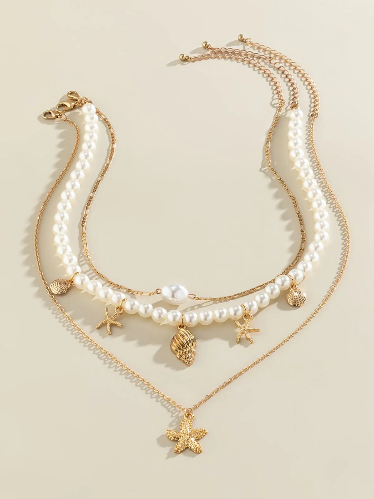 Starfish Seashell Pearl Layered Chain Necklace - Image 4