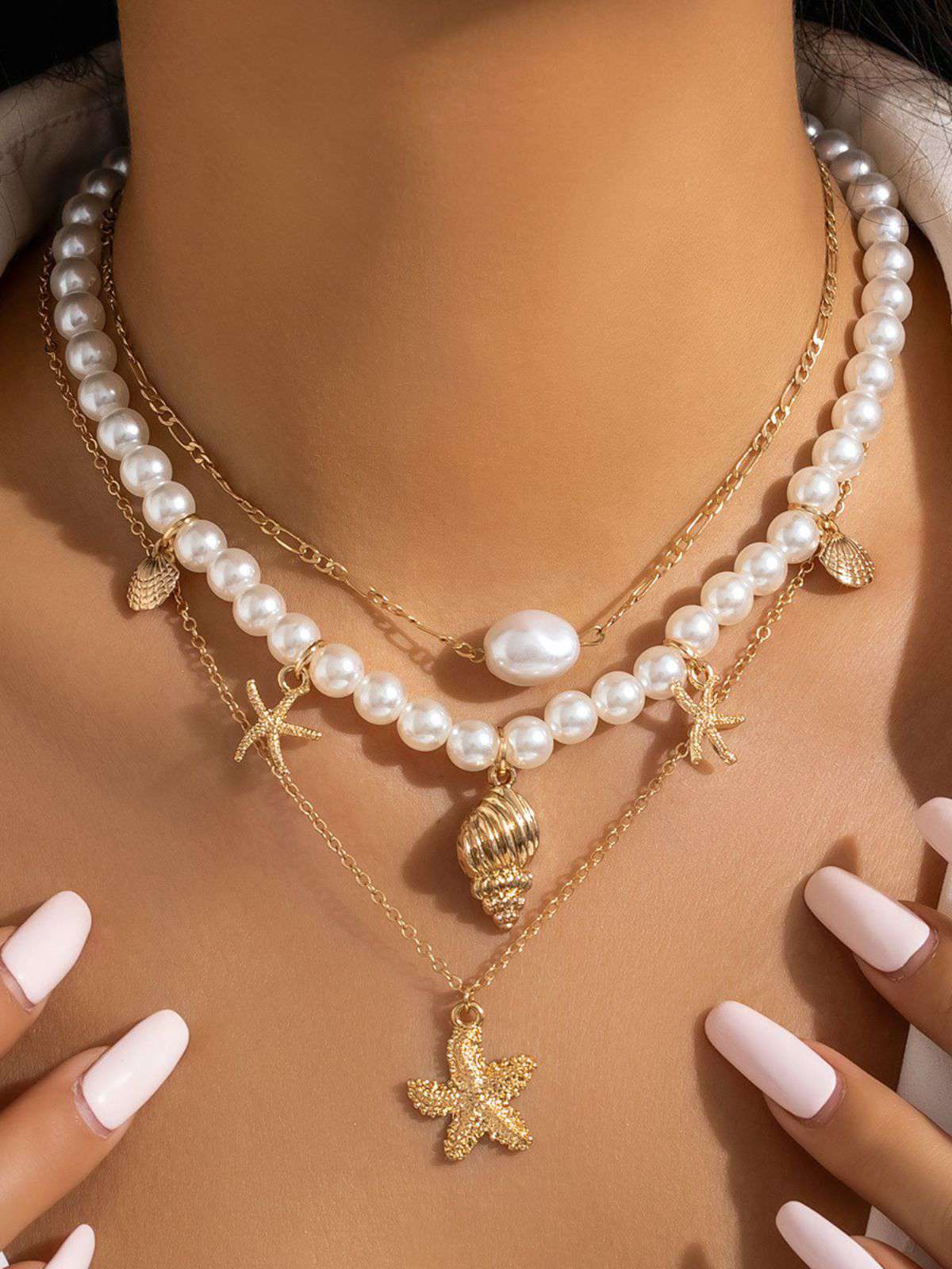 Starfish Seashell Pearl Layered Chain Necklace - Image 5