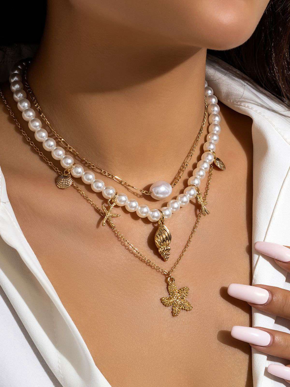 Starfish Seashell Pearl Layered Chain Necklace - Image 6
