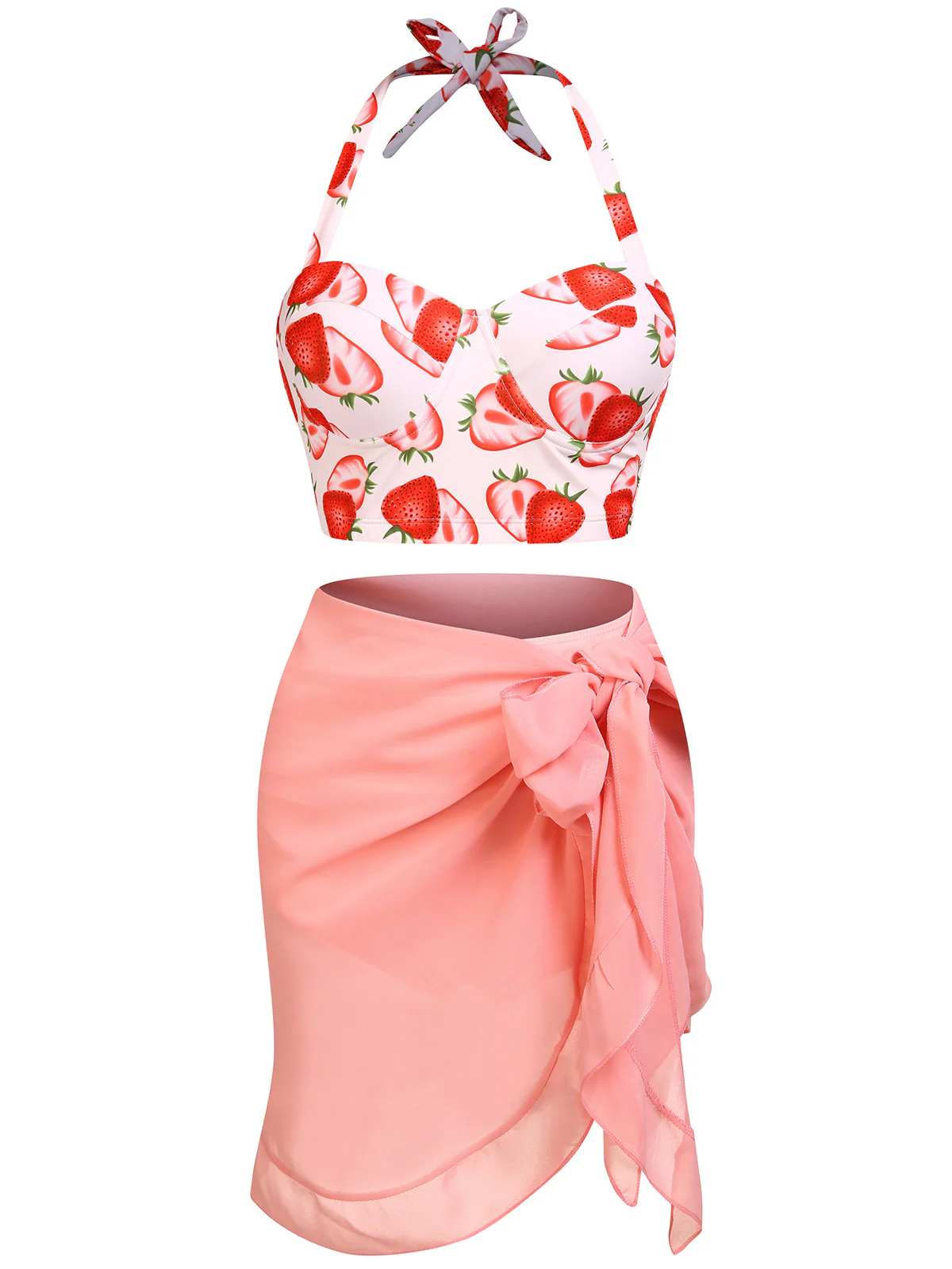1950s Strawberry Halter Lace-Up Pleated Bikini Set - Image 2