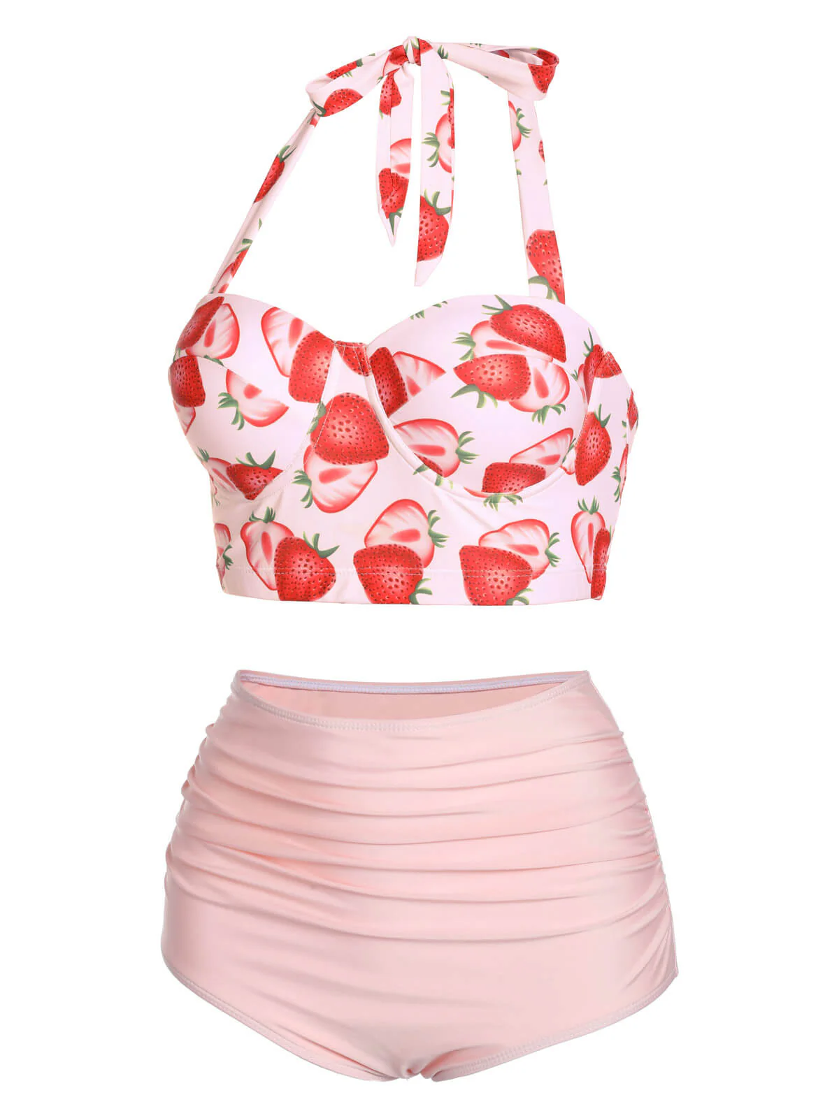 1950s Strawberry Halter Lace-Up Pleated Bikini Set - Image 3