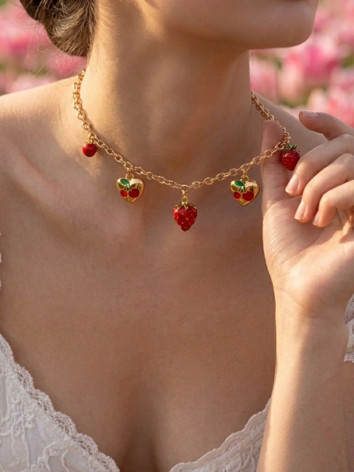Strawberry Heart Pendant Gold Chain Necklace - Image 2