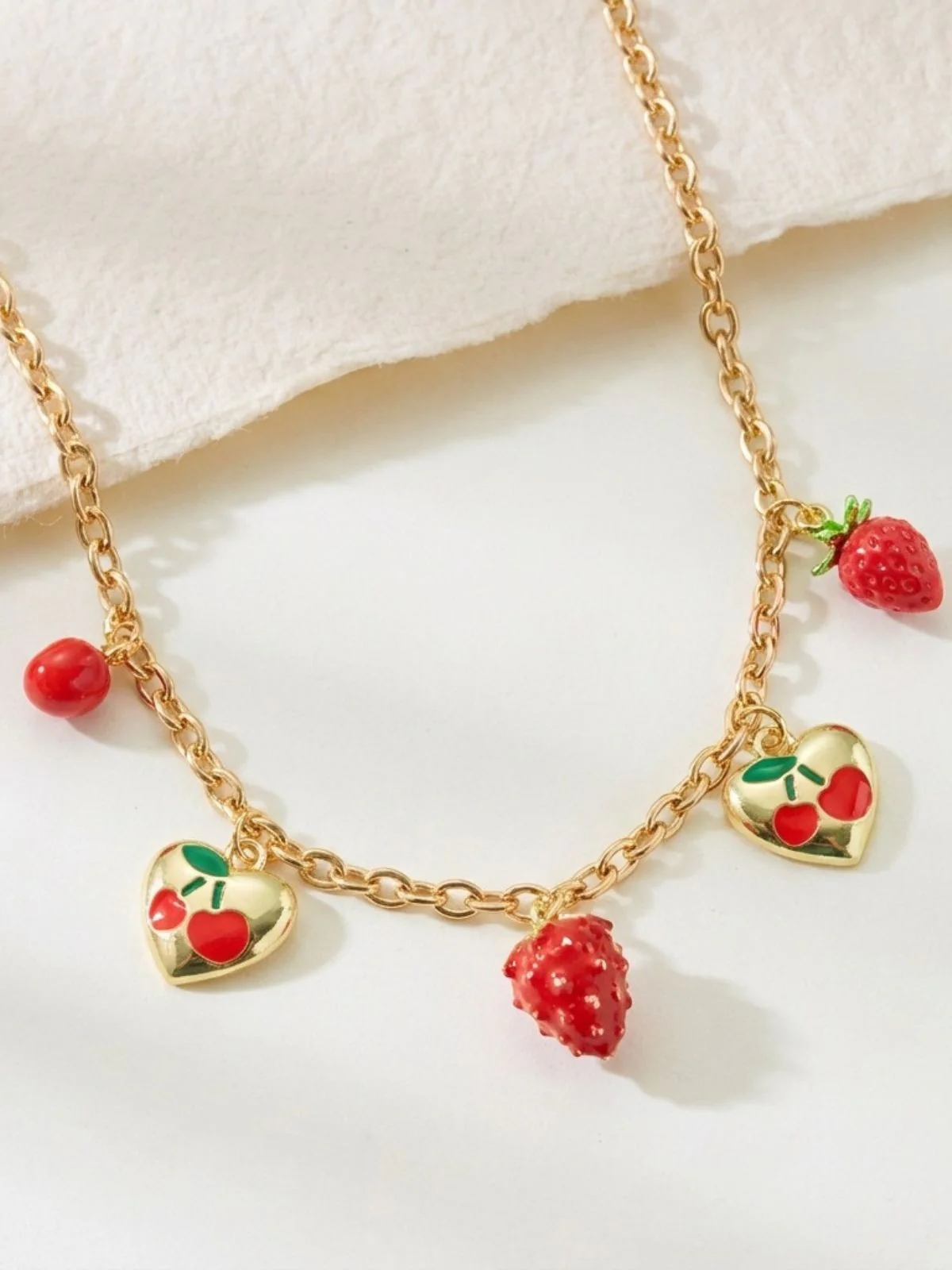 Strawberry Heart Pendant Gold Chain Necklace - Image 4