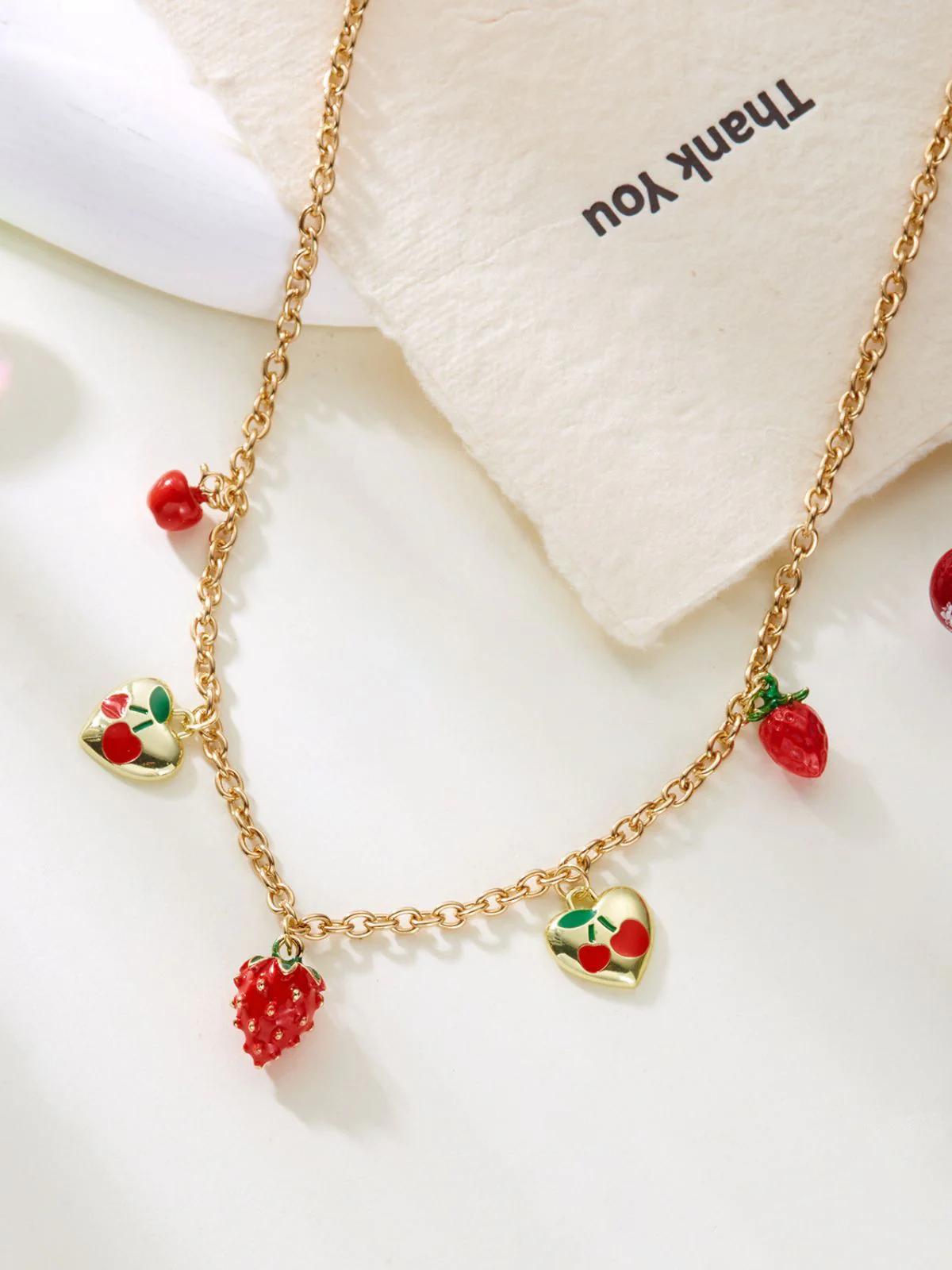 Strawberry Heart Pendant Gold Chain Necklace - Image 5