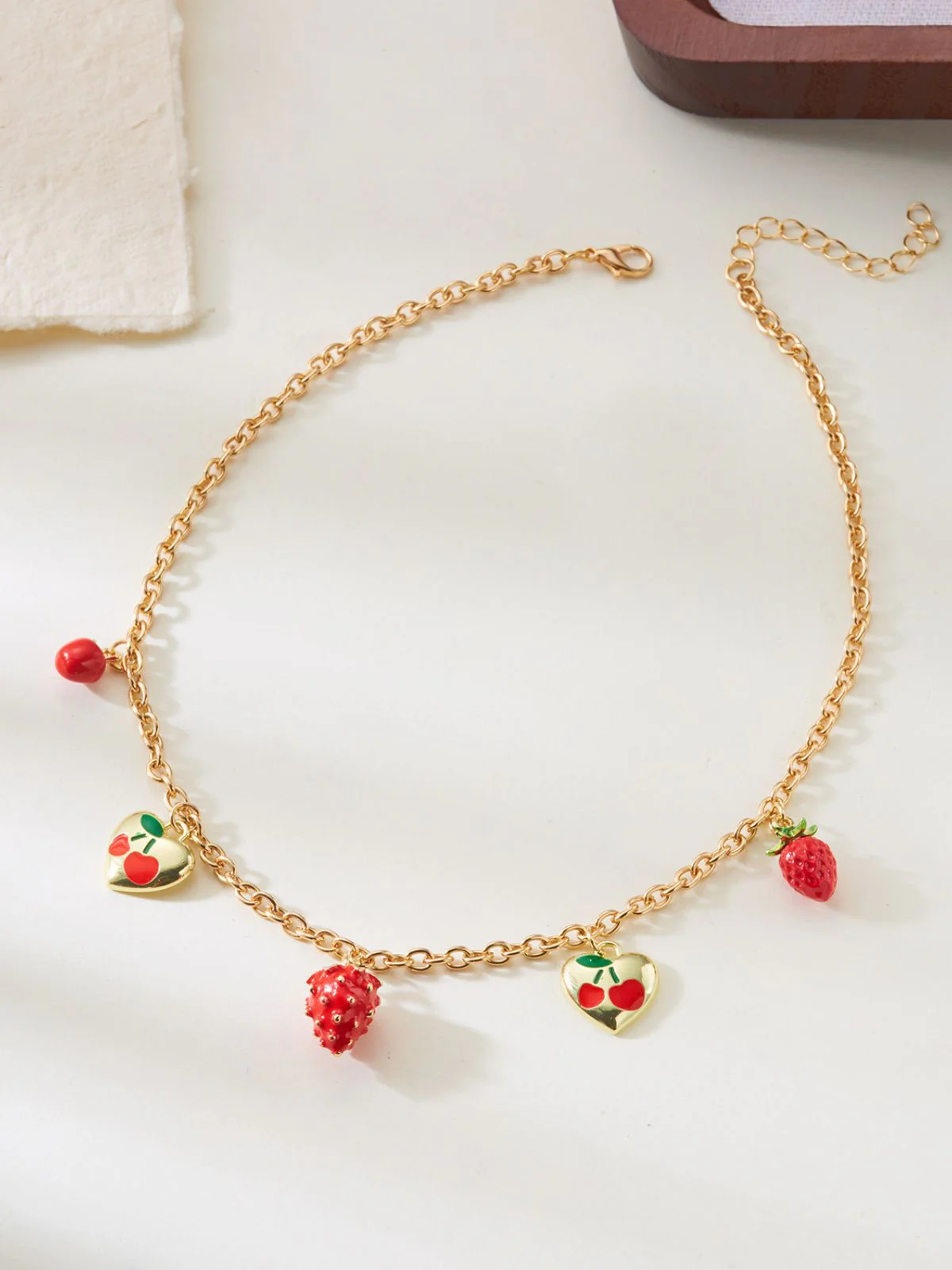 Strawberry Heart Pendant Gold Chain Necklace - Image 7