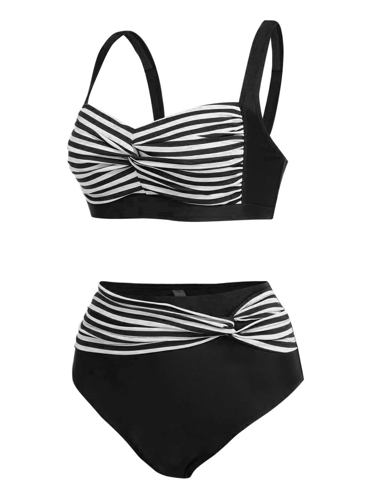 [Plus Size] 1950s Stripe Twisted Patchwork Strap Swimsuit - Image 12