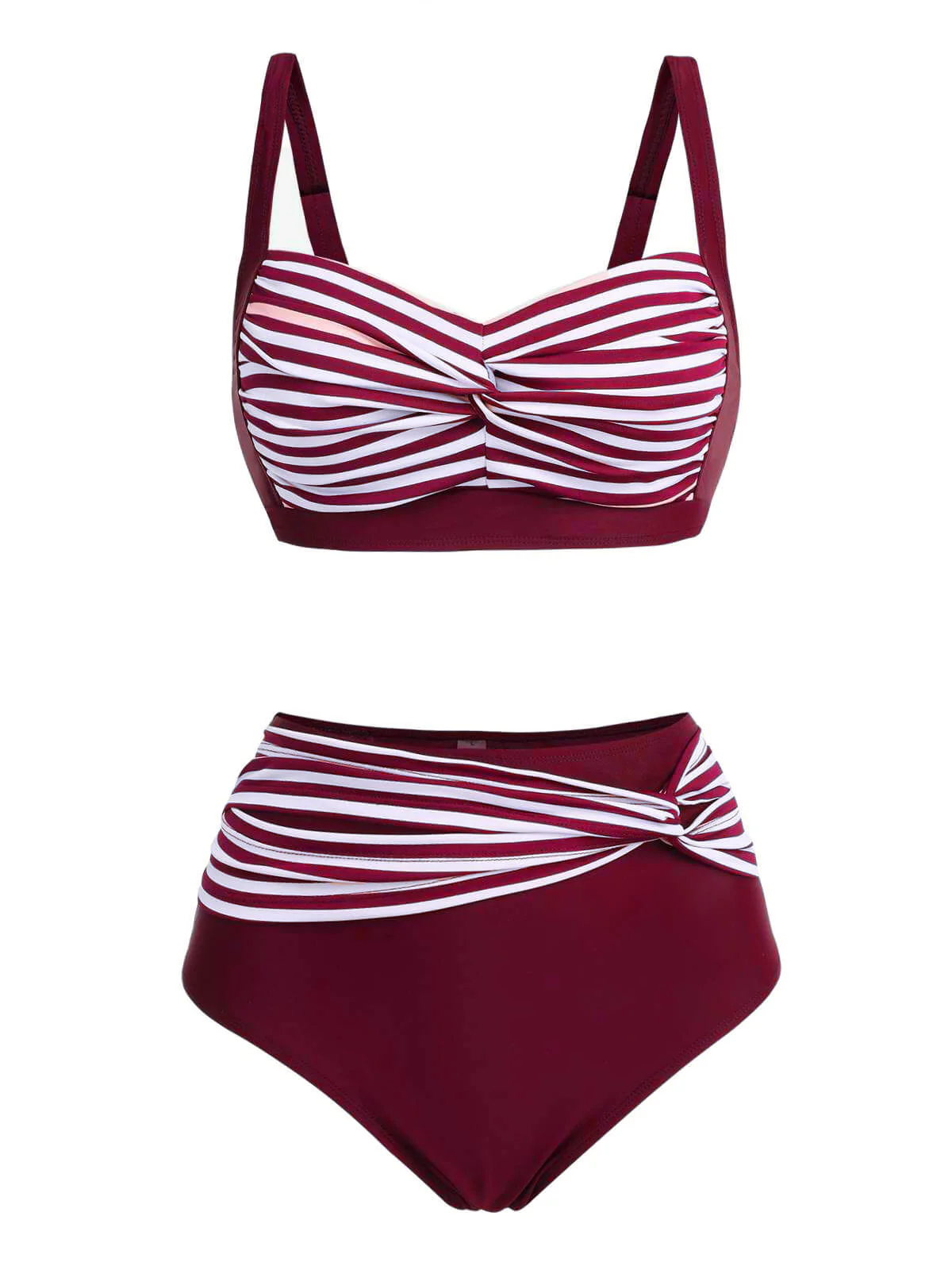 [Plus Size] 1950s Stripe Twisted Patchwork Strap Swimsuit - Image 4