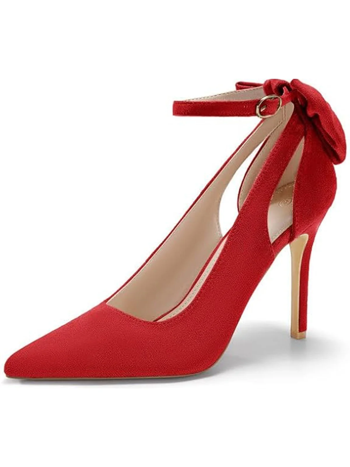 Suede Bow Ankle Strap Pointed Toe High Heel Shoes - Image 3