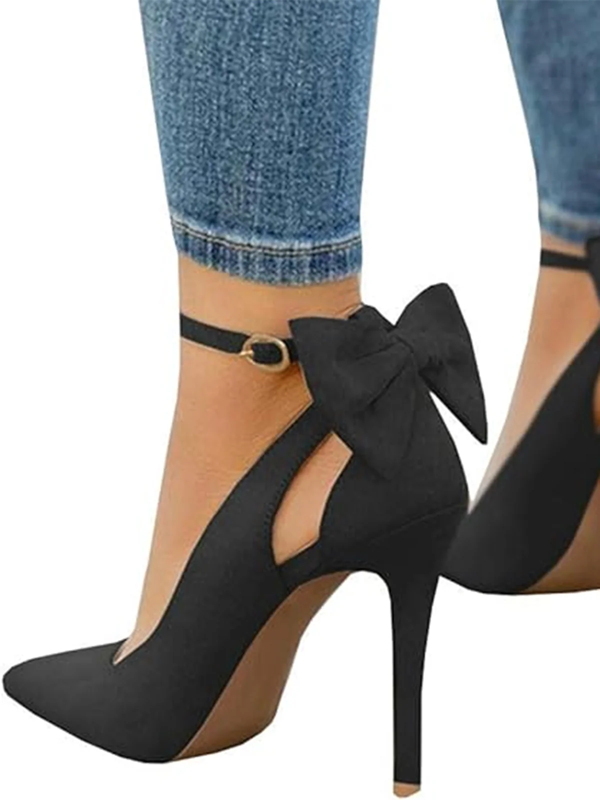 Suede Bow Ankle Strap Pointed Toe High Heel Shoes - Image 6