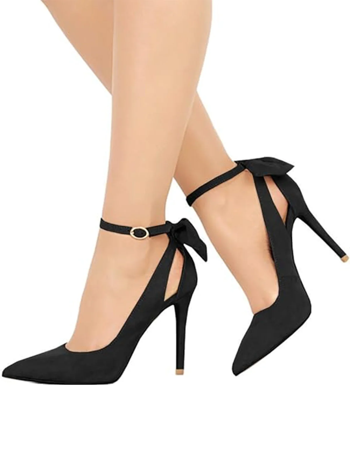 Suede Bow Ankle Strap Pointed Toe High Heel Shoes - Image 7