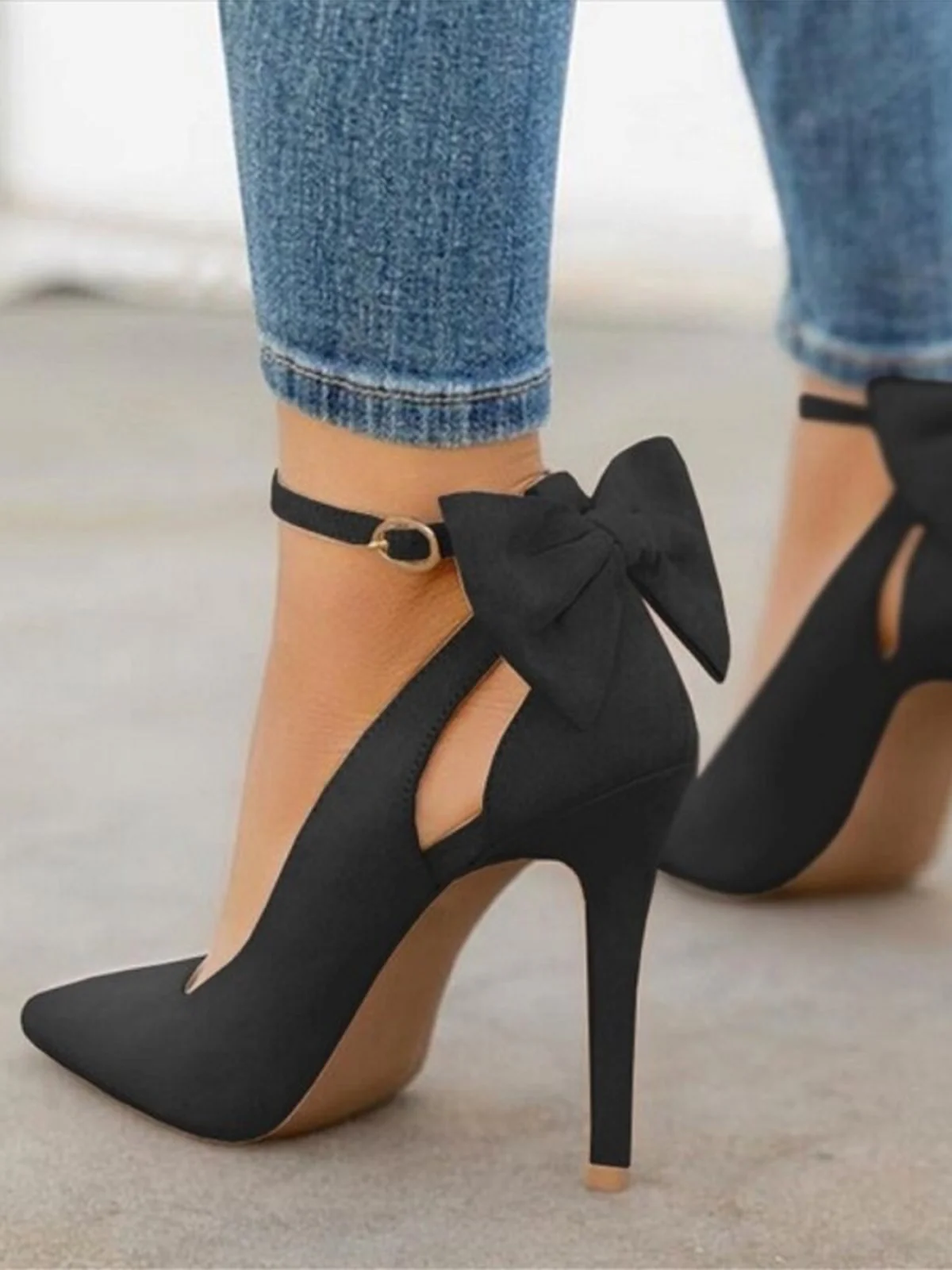 Suede Bow Ankle Strap Pointed Toe High Heel Shoes - Image 8