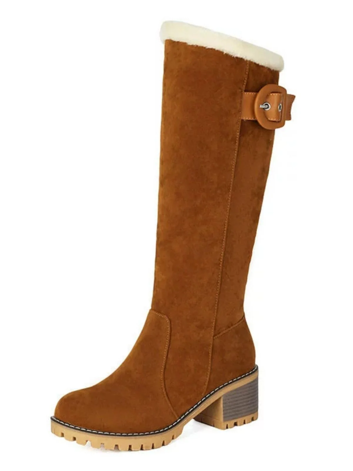 Suede buckle Faux Fur Knee-High Boots - Image 2