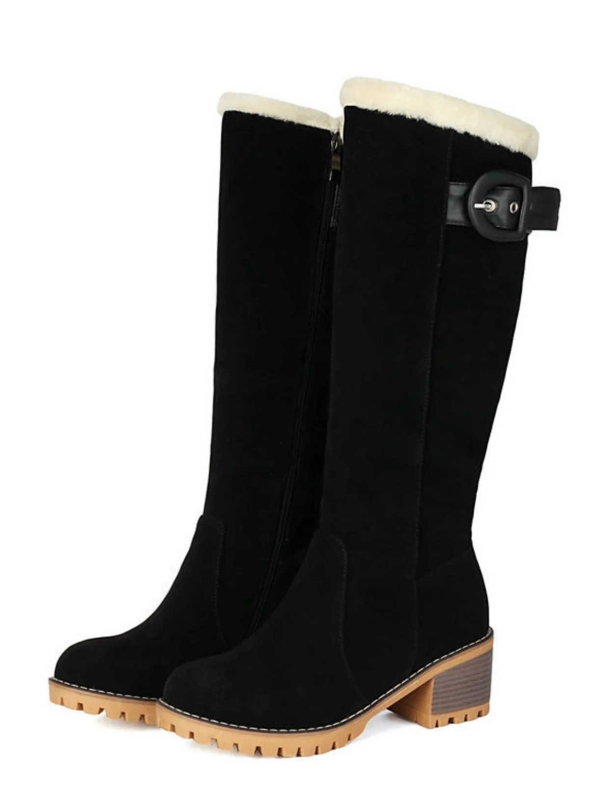 Suede buckle Faux Fur Knee-High Boots - Image 8