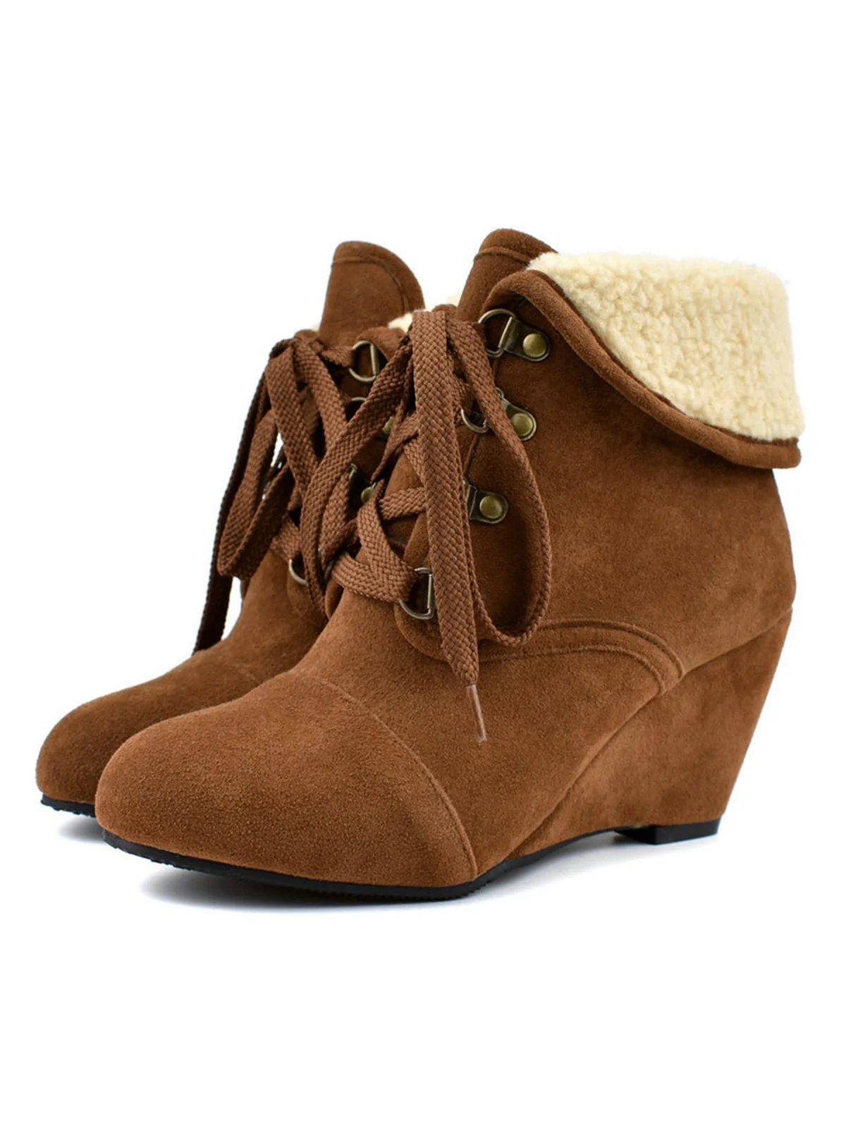 Suede Fleece Lace-Up Wedge Heel Ankle Boots - Image 2