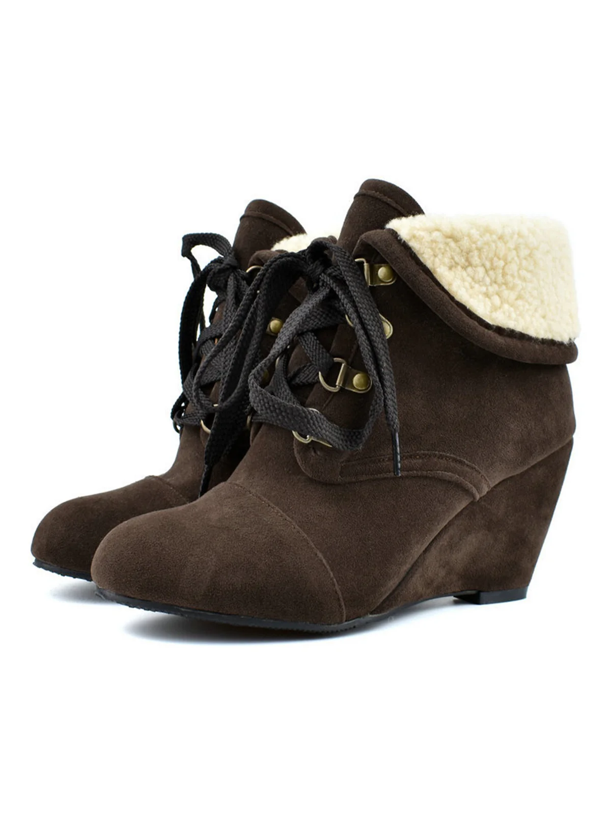 Suede Fleece Lace-Up Wedge Heel Ankle Boots - Image 3