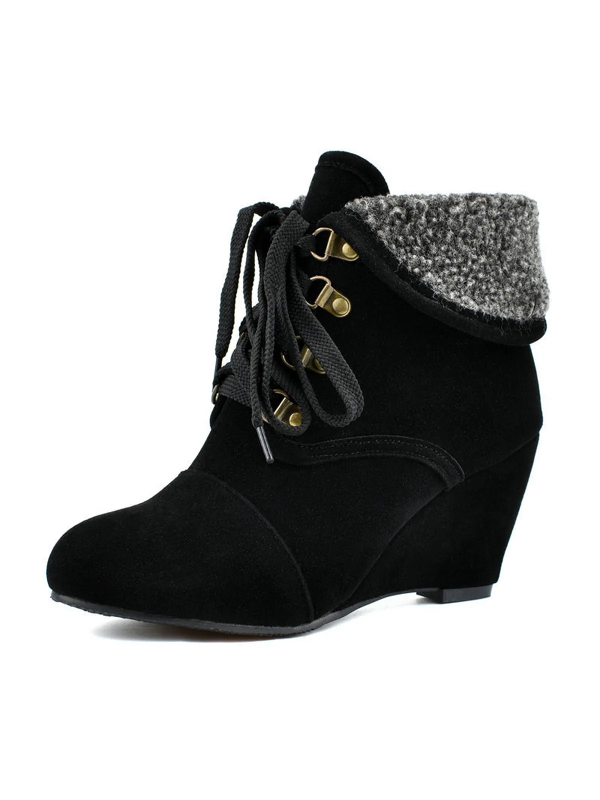 Suede Fleece Lace-Up Wedge Heel Ankle Boots - Image 4