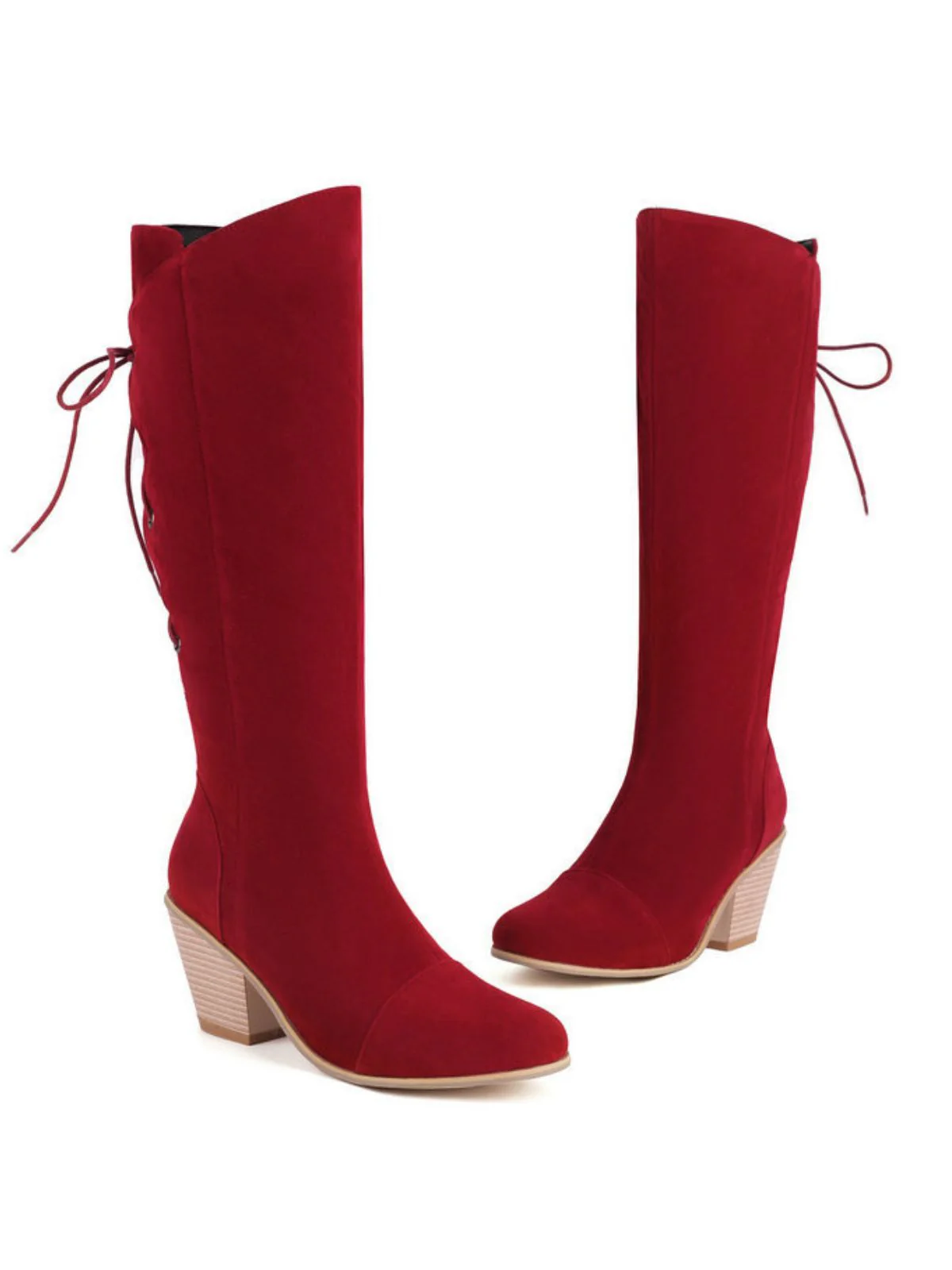 Suede Knee Lace-Up Block Heel Boots - Image 12