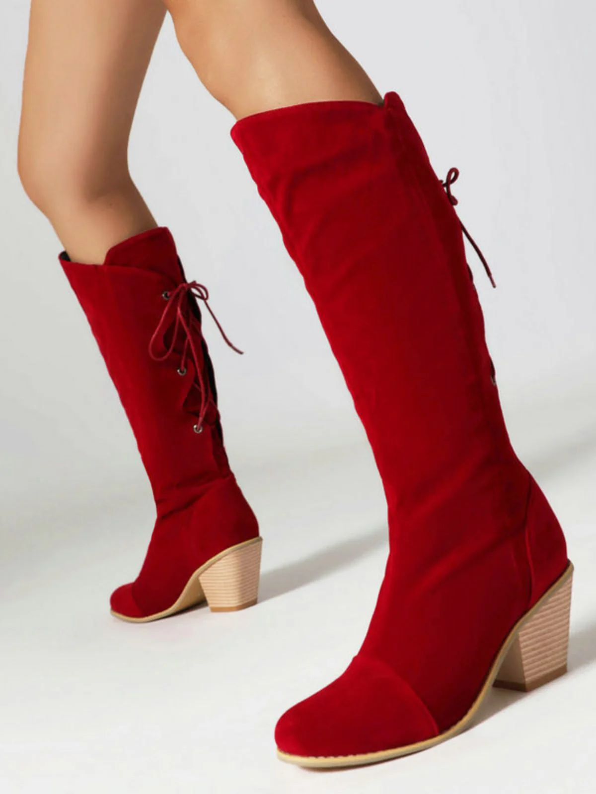 Suede Knee Lace-Up Block Heel Boots - Image 14