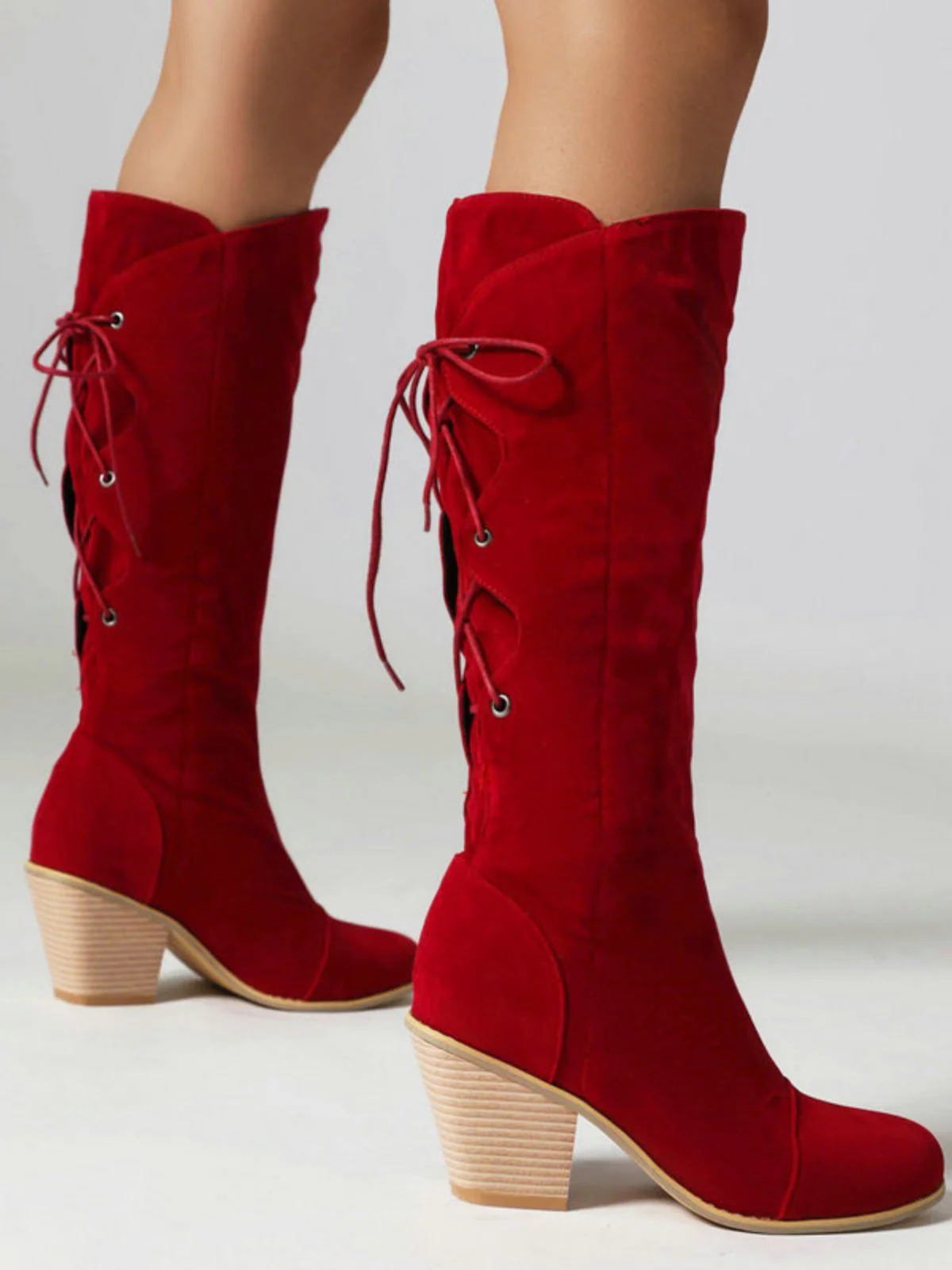 Suede Knee Lace-Up Block Heel Boots - Image 15