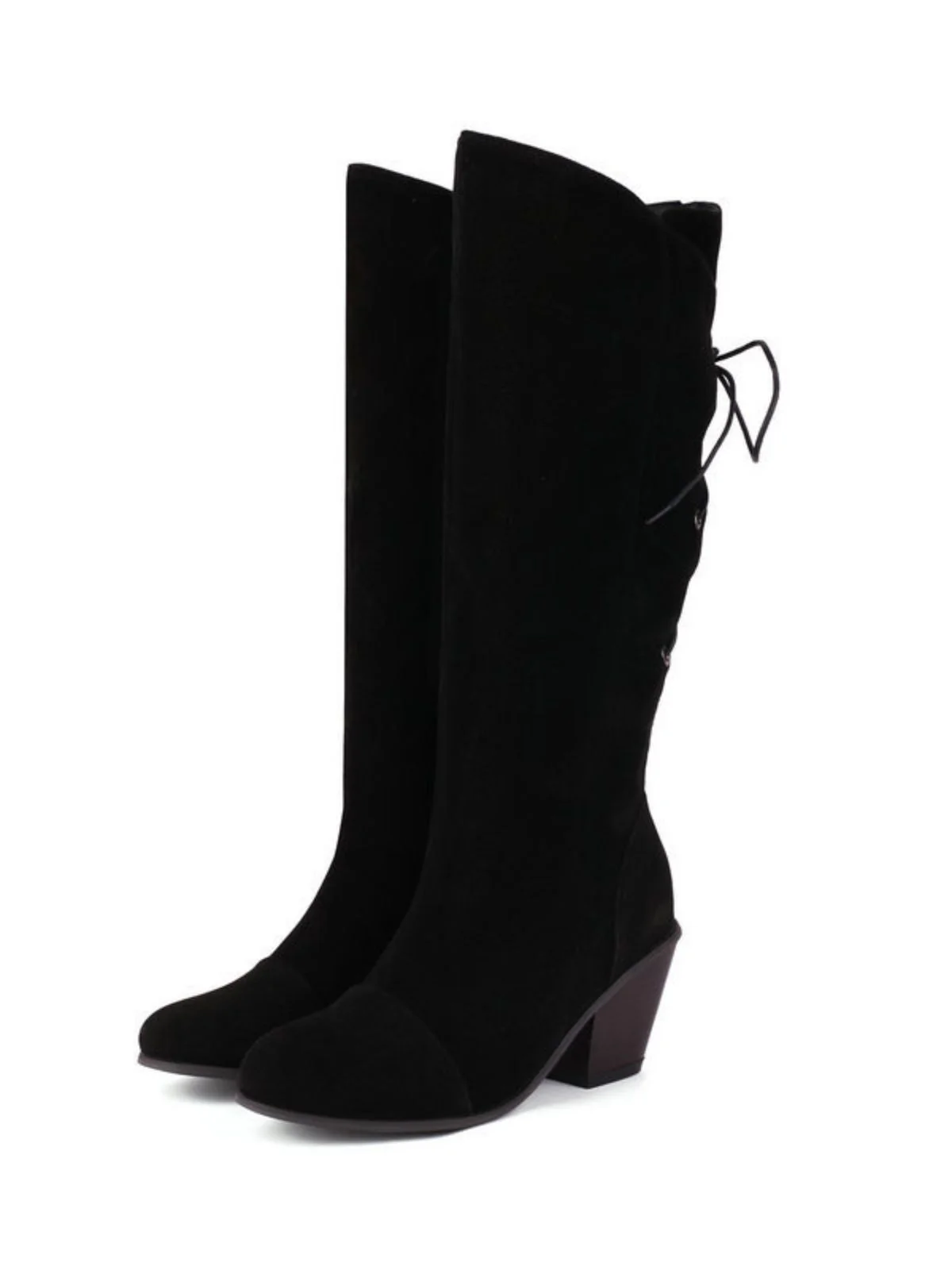 Suede Knee Lace-Up Block Heel Boots - Image 16